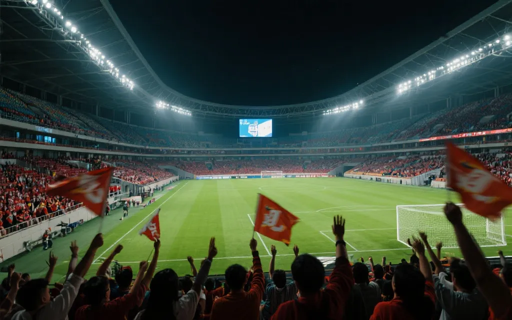现代专业球场夜景：分区看台、巨幕与灯光，球迷举旗合唱