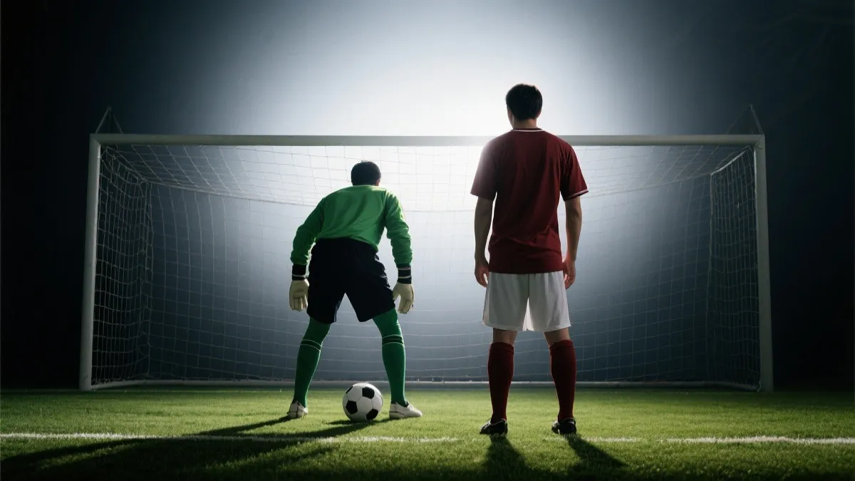 点球大战前的球员背影与门将凝视，紧张戏剧光影